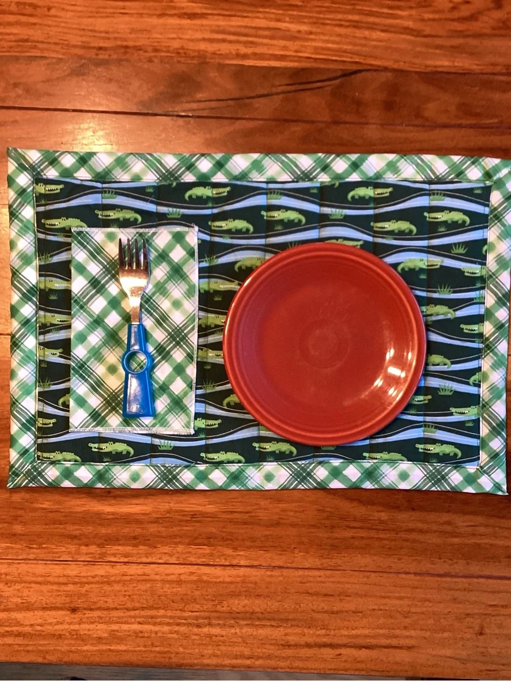 Green Plaid Alligator Print Table Placemat and Napkin Set